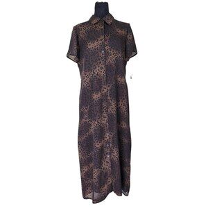 Sag Harbor Midi Dress 14P Brown Animal Print Chiffon Button Front Belt New